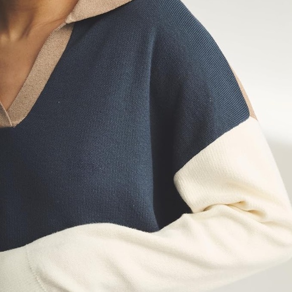 Naadam Cafe Cotton Cashmere Colorblock Polo Sweater - Medium - Indigo - Picture 3 of 5